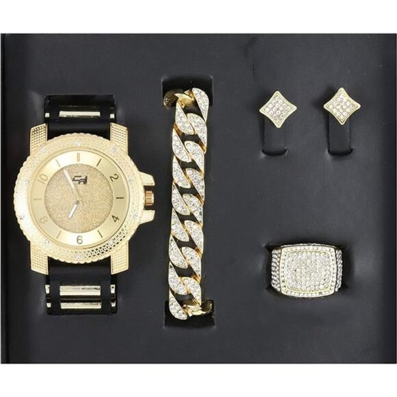Gold Fully Iced Out Watch & Jewelry Set w/Cuban Chain Bracelet, Earrings & Ring - Picture 5 of 6